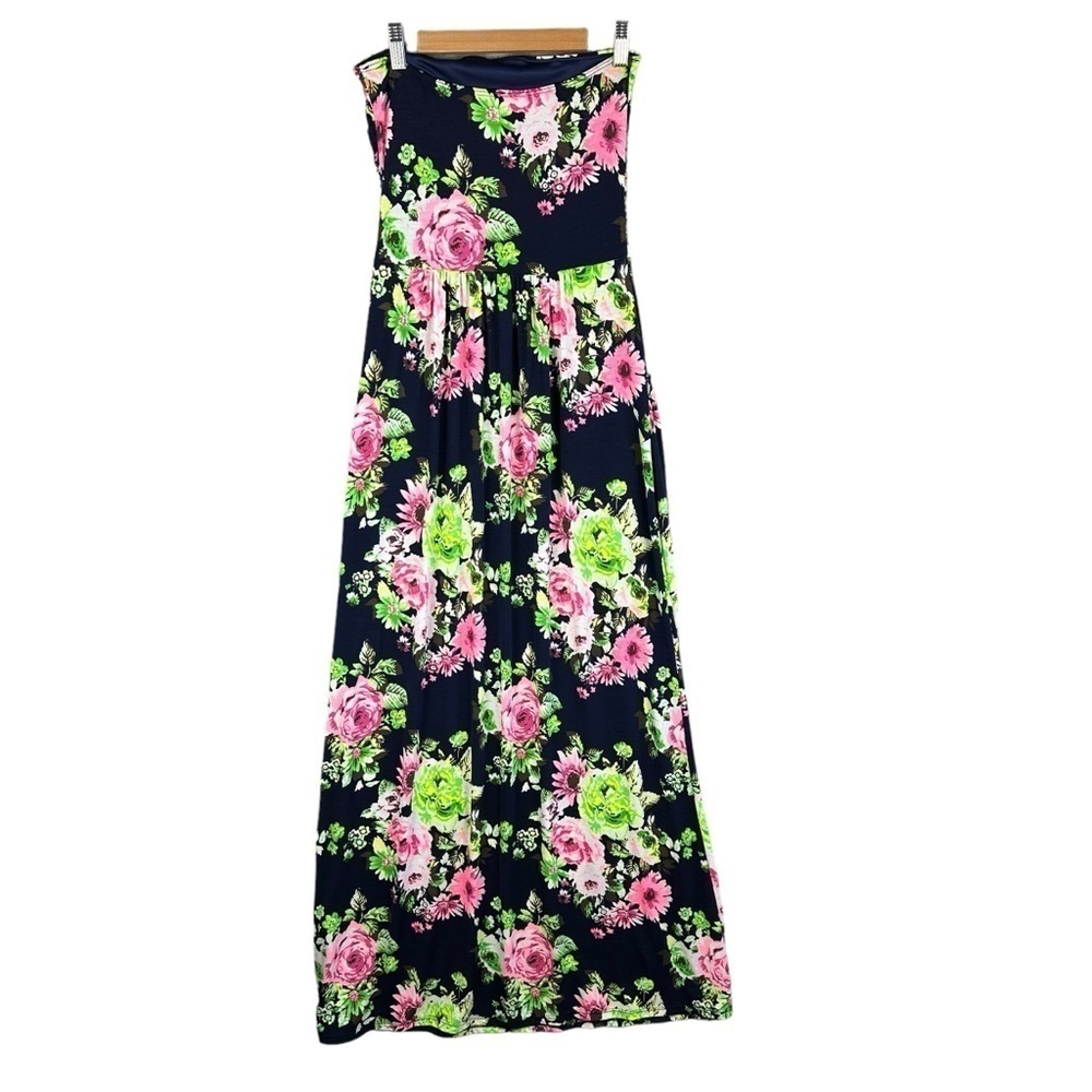 VANILLA BAY NAVY AND NEON PINK FLORAL MAXI DRESS WITH POCKETS SMALL - Picture 3 of 11